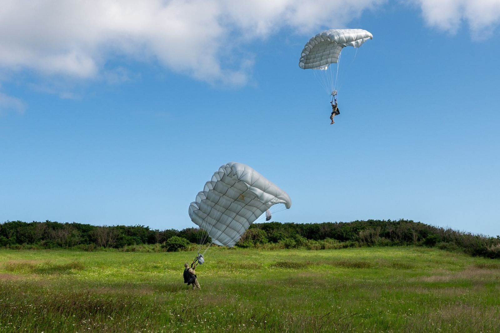 A parachutist touching down in an open field