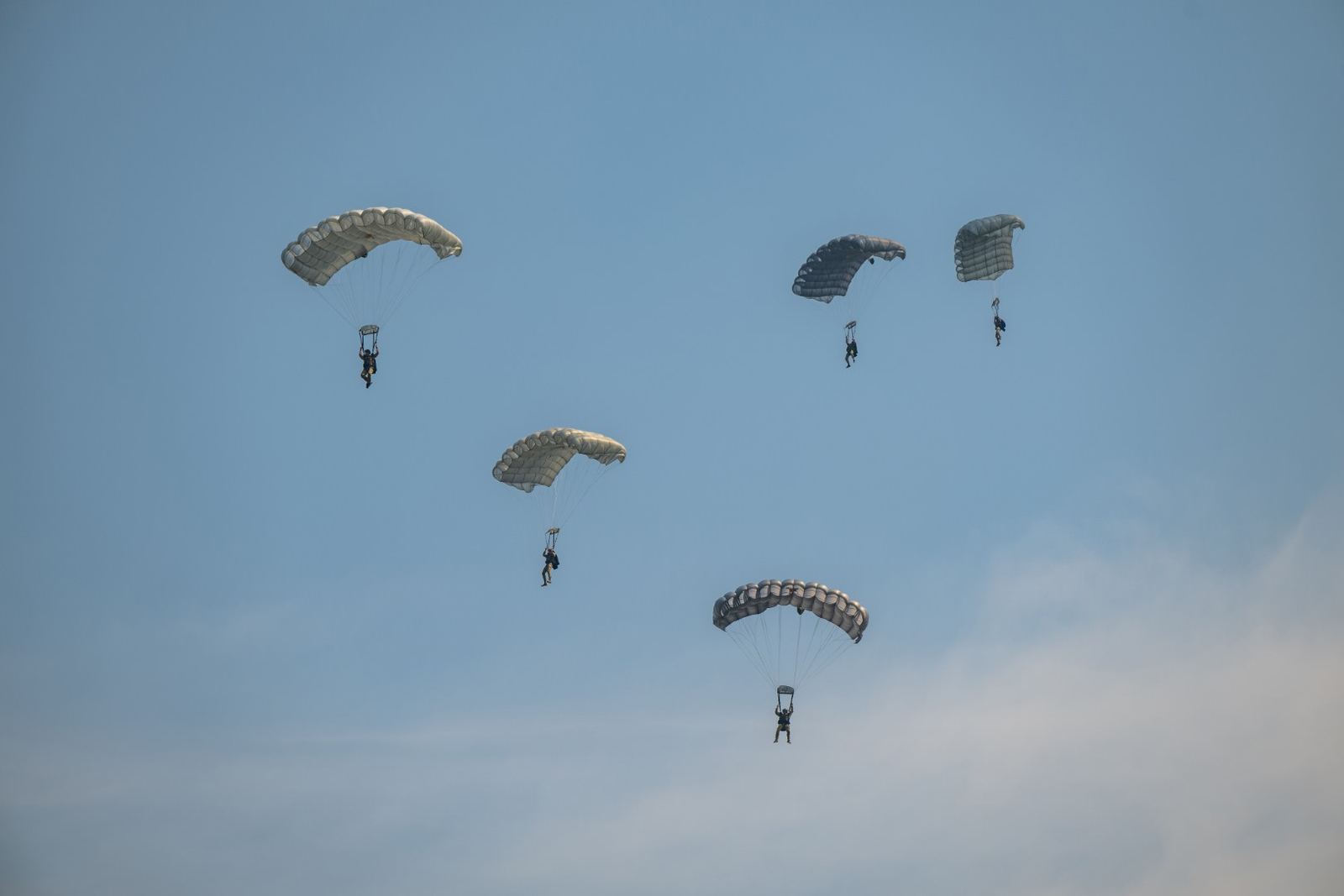 A stick of parachutists descending under canopy